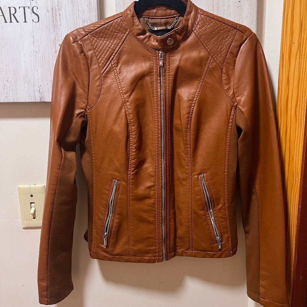 Express Brown Faux Leather Jacket w fabric sides and pockets NWOT | size small